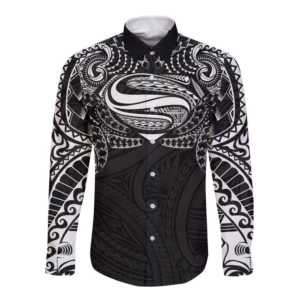 Super Samoan Traditional Tribal Art Tattoos Long Sleeve Button Shirt Black Color LT03 Unisex Black - Polynesian Pride