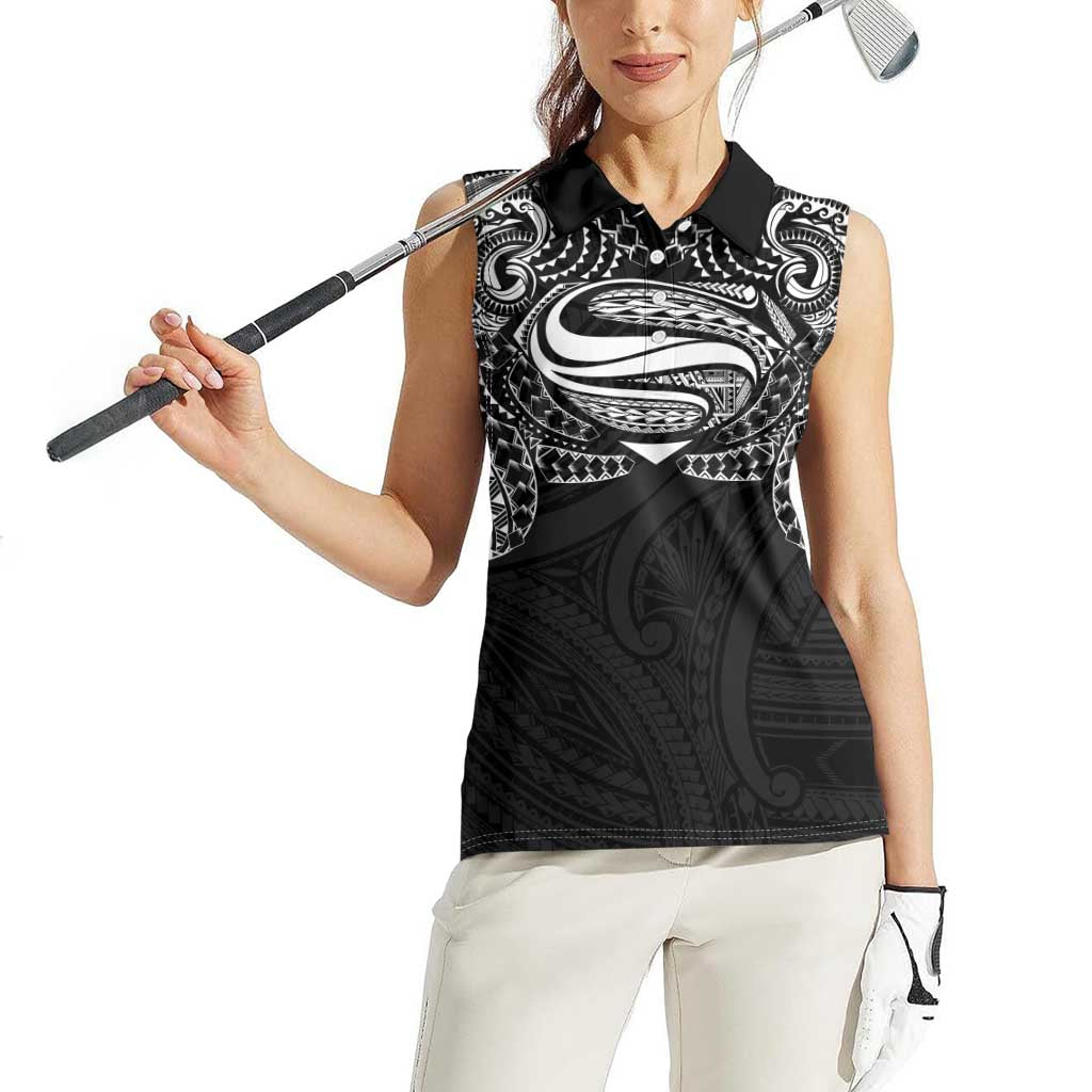 Super Samoan Traditional Tribal Art Tattoos Women Sleeveless Polo Shirt Black Color - Polynesian Pride