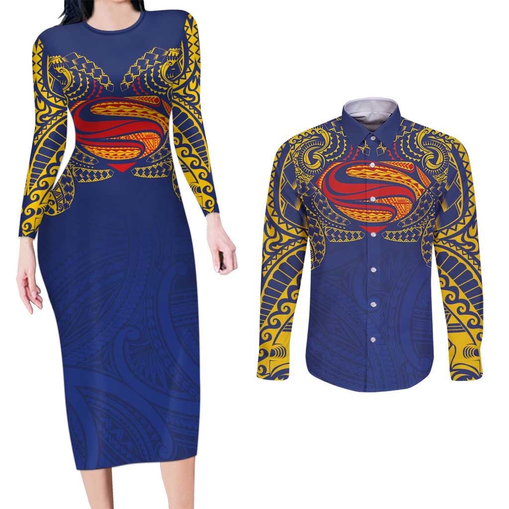 Super Samoan Traditional Tribal Art Tattoos Couples Matching Long Sleeve Bodycon Dress and Long Sleeve Button Shirt Blue Color - Polynesian Pride