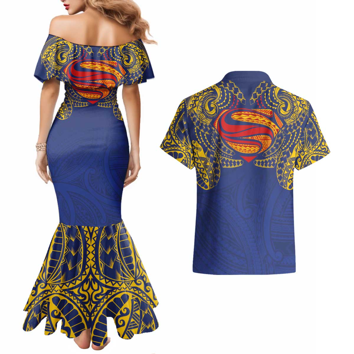 Super Samoan Traditional Tribal Art Tattoos Couples Matching Mermaid Dress and Hawaiian Shirt Blue Color LT03 - Polynesian Pride