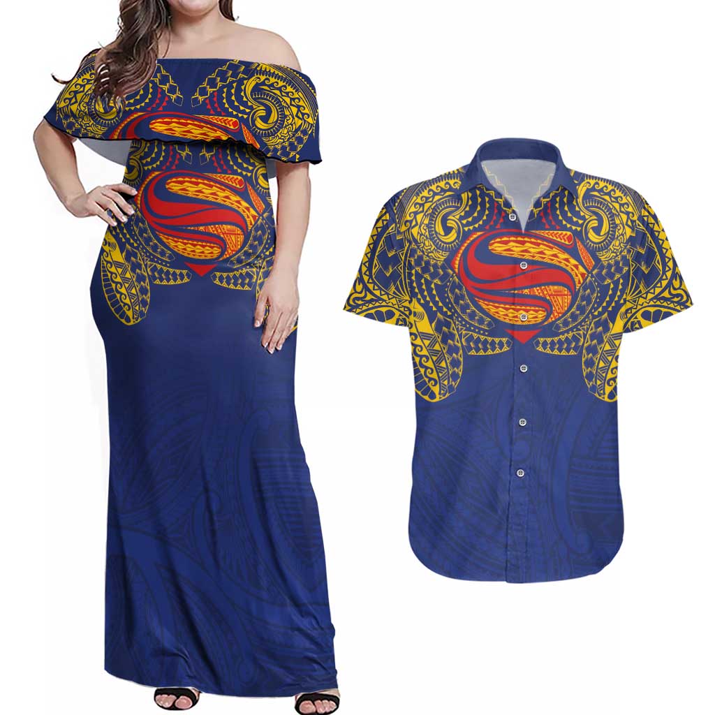 Super Samoan Traditional Tribal Art Tattoos Couples Matching Off Shoulder Maxi Dress and Hawaiian Shirt Blue Color - Polynesian Pride