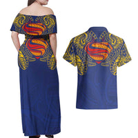 Super Samoan Traditional Tribal Art Tattoos Couples Matching Off Shoulder Maxi Dress and Hawaiian Shirt Blue Color - Polynesian Pride