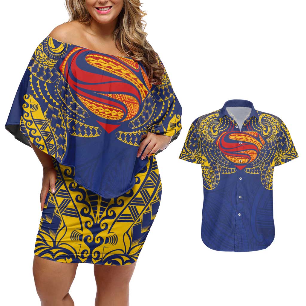 Super Samoan Traditional Tribal Art Tattoos Couples Matching Off Shoulder Short Dress and Hawaiian Shirt Blue Color - Polynesian Pride