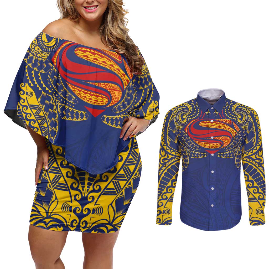 Super Samoan Traditional Tribal Art Tattoos Couples Matching Off Shoulder Short Dress and Long Sleeve Button Shirt Blue Color - Polynesian Pride