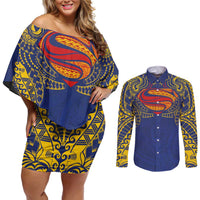 Super Samoan Traditional Tribal Art Tattoos Couples Matching Off Shoulder Short Dress and Long Sleeve Button Shirt Blue Color - Polynesian Pride
