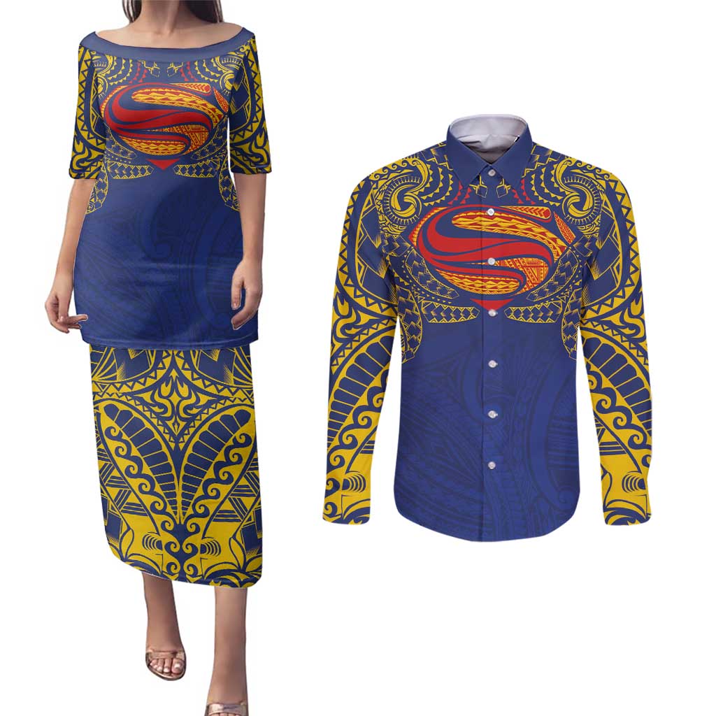 Super Samoan Traditional Tribal Art Tattoos Couples Matching Puletasi and Long Sleeve Button Shirt Blue Color - Polynesian Pride