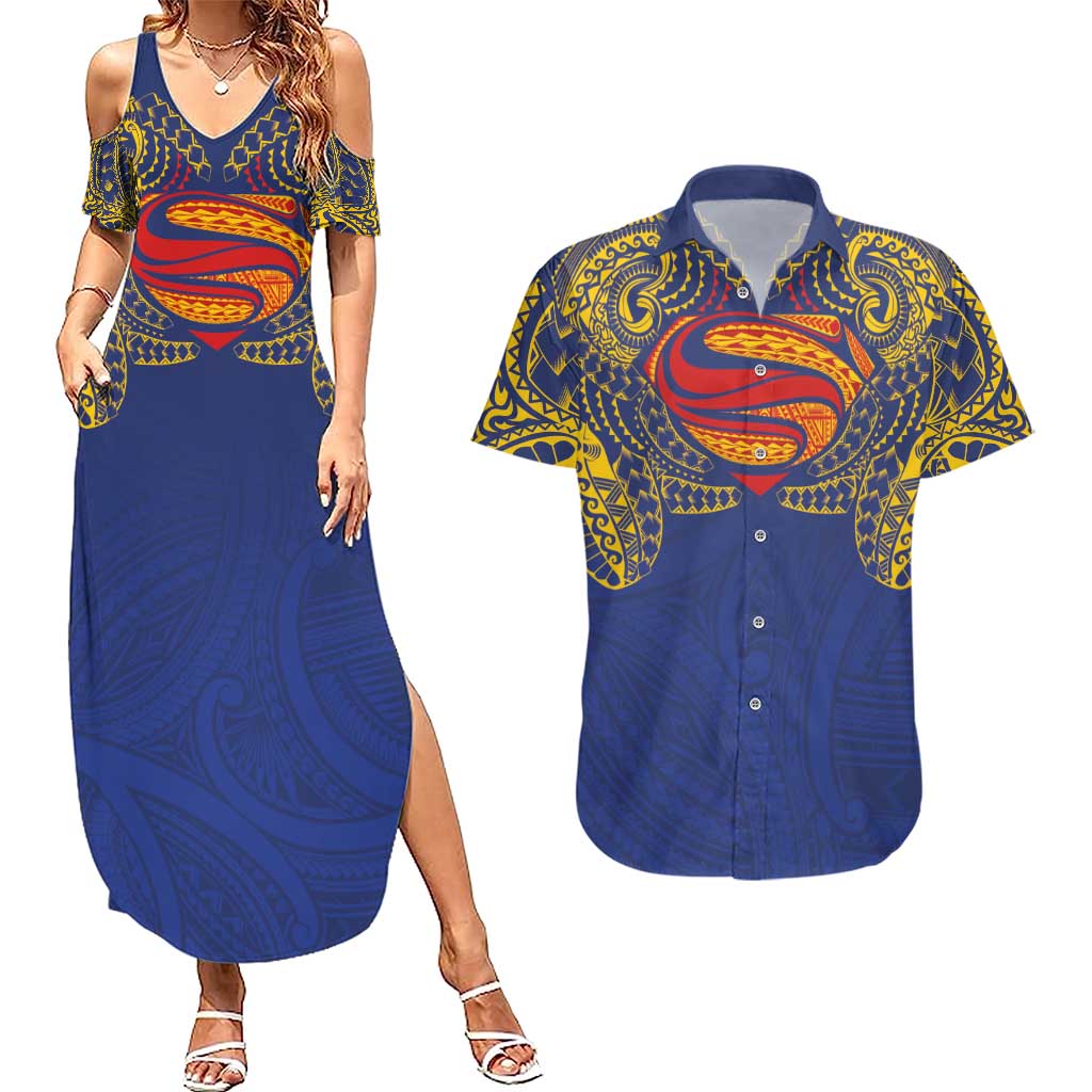 Super Samoan Traditional Tribal Art Tattoos Couples Matching Summer Maxi Dress and Hawaiian Shirt Blue Color LT03 Blue - Polynesian Pride