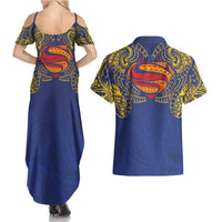 Super Samoan Traditional Tribal Art Tattoos Couples Matching Summer Maxi Dress and Hawaiian Shirt Blue Color LT03 - Polynesian Pride