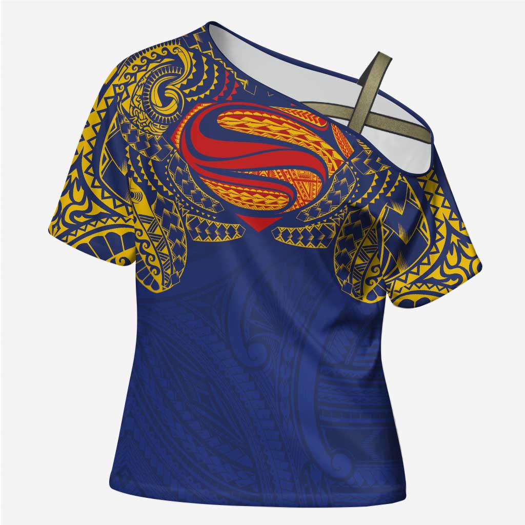 Super Samoan Traditional Tribal Art Tattoos Cross Shoulder Shirt Blue Color LT03 Female Blue - Polynesian Pride