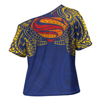 Super Samoan Traditional Tribal Art Tattoos Cross Shoulder Shirt Blue Color LT03 - Polynesian Pride