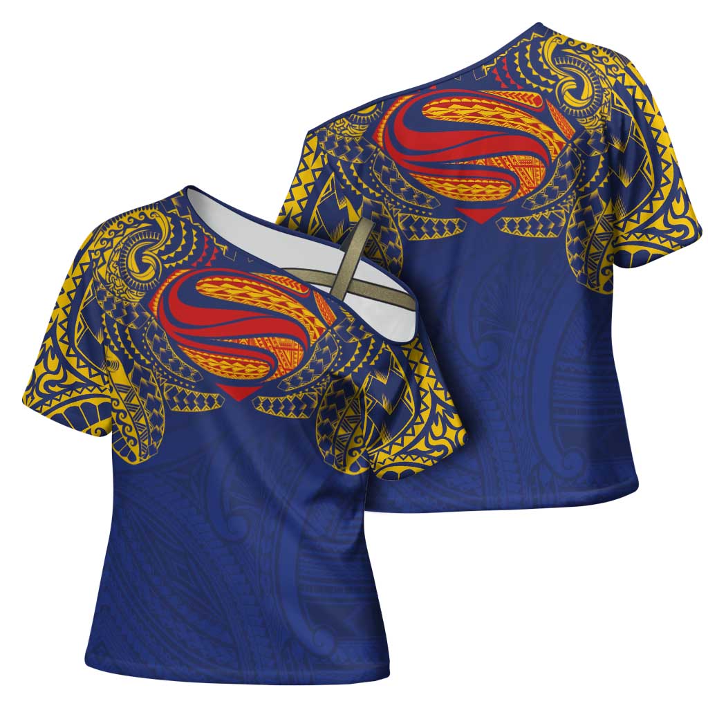 Super Samoan Traditional Tribal Art Tattoos Cross Shoulder Shirt Blue Color LT03 - Polynesian Pride
