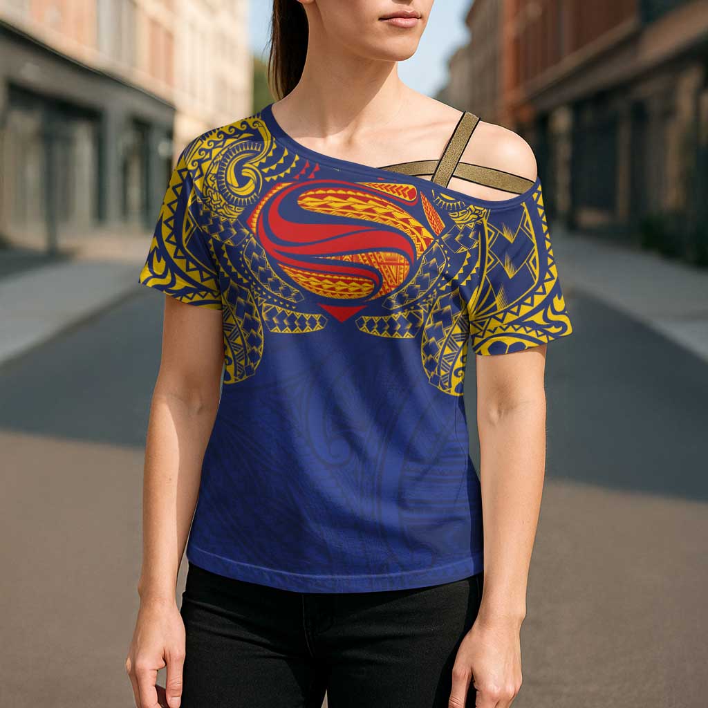 Super Samoan Traditional Tribal Art Tattoos Cross Shoulder Shirt Blue Color LT03 - Polynesian Pride