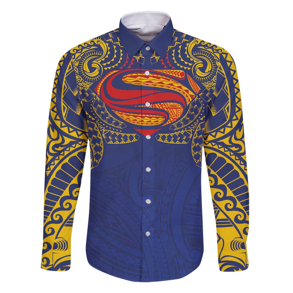 Super Samoan Traditional Tribal Art Tattoos Family Matching Off Shoulder Maxi Dress and Hawaiian Shirt Blue Color - Polynesian Pride