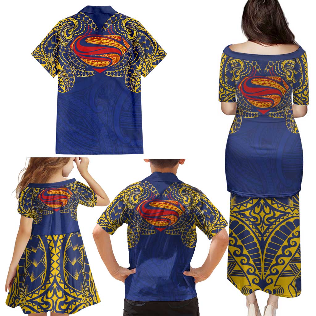 Super Samoan Traditional Tribal Art Tattoos Family Matching Puletasi and Hawaiian Shirt Blue Color - Polynesian Pride