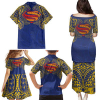 Super Samoan Traditional Tribal Art Tattoos Family Matching Puletasi and Hawaiian Shirt Blue Color - Polynesian Pride