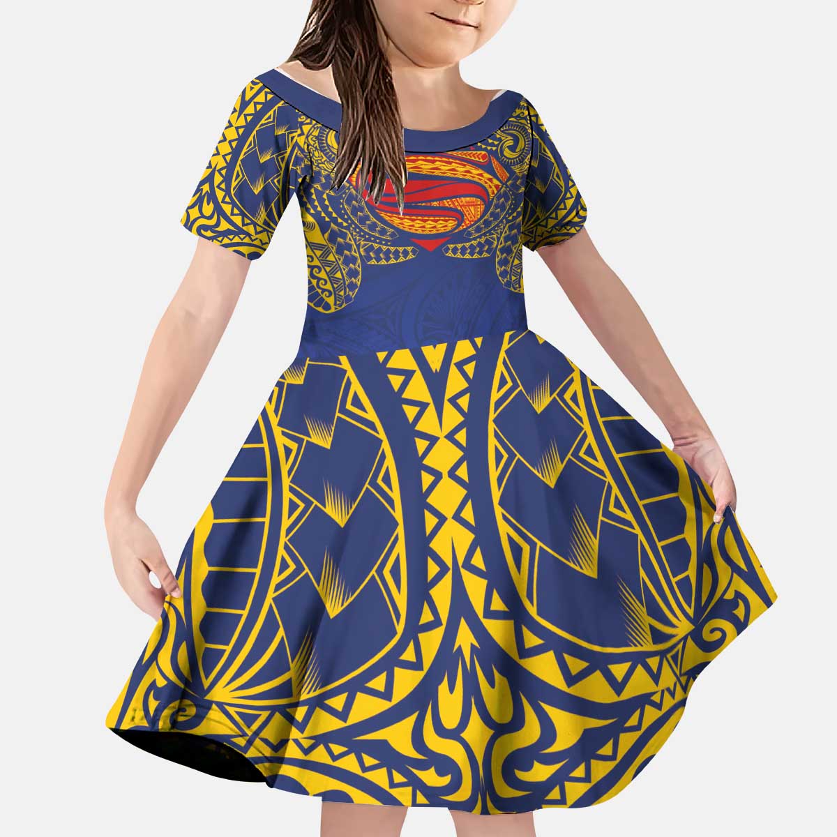 Super Samoan Traditional Tribal Art Tattoos Kid Short Sleeve Dress Blue Color LT03 KID Blue - Polynesian Pride