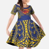 Super Samoan Traditional Tribal Art Tattoos Kid Short Sleeve Dress Blue Color LT03 KID Blue - Polynesian Pride