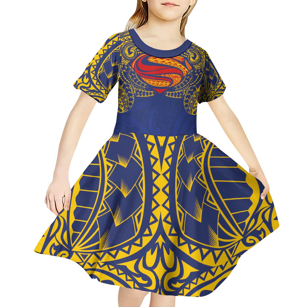 Super Samoan Traditional Tribal Art Tattoos Kid Short Sleeve Dress Blue Color LT03 - Polynesian Pride