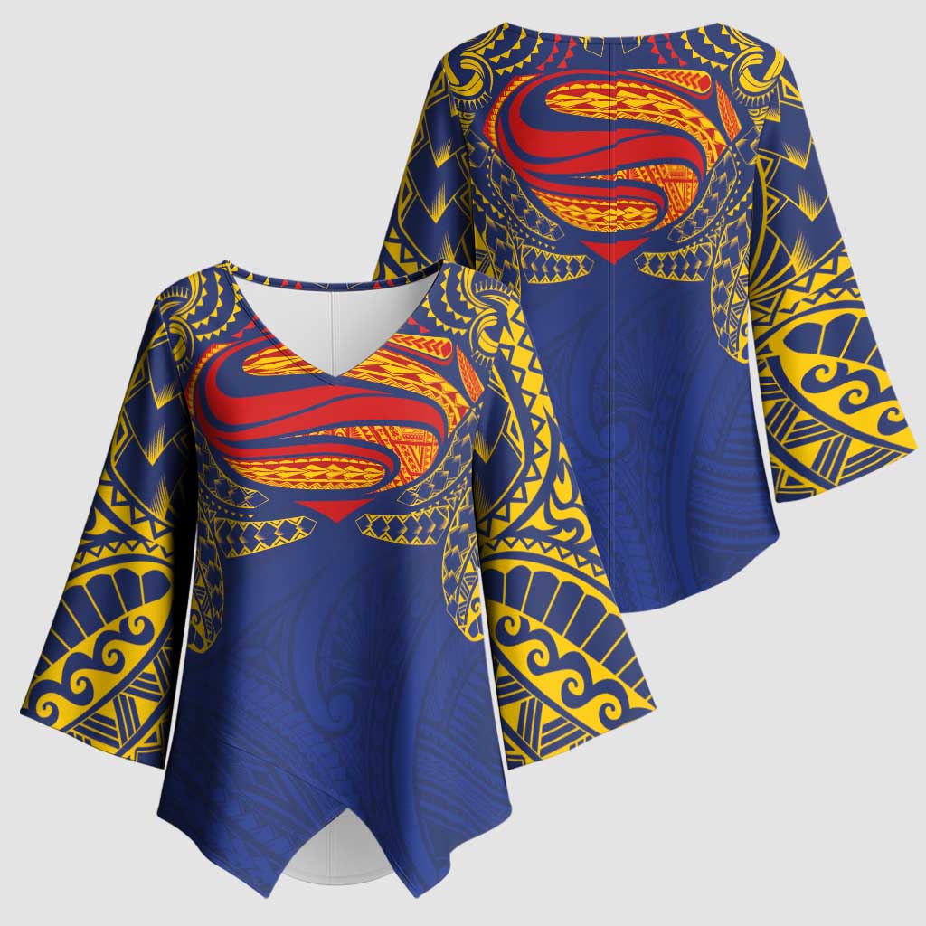 Super Samoan Traditional Tribal Art Tattoos Kimono Sleeve Blouse Blue Color - Polynesian Pride