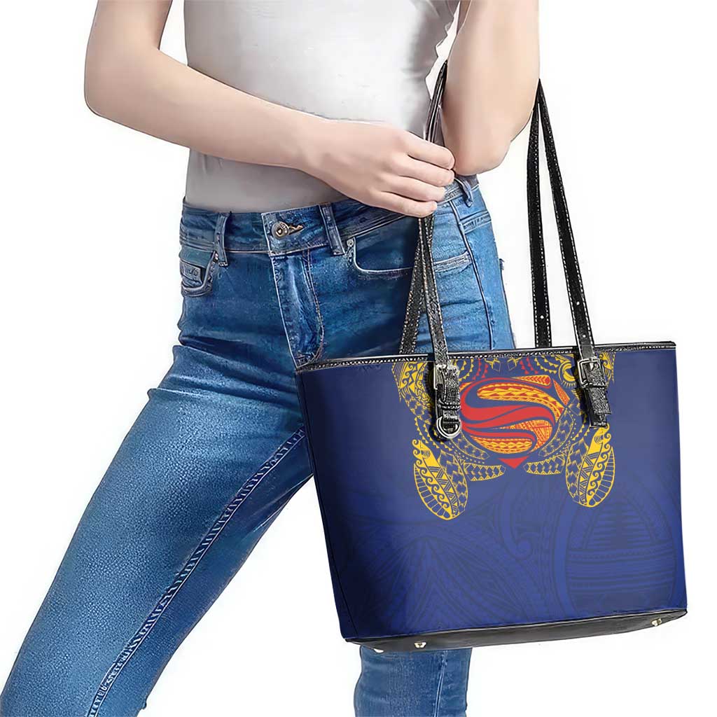 Super Samoan Traditional Tribal Art Tattoos Leather Tote Bag Blue Color - Polynesian Pride