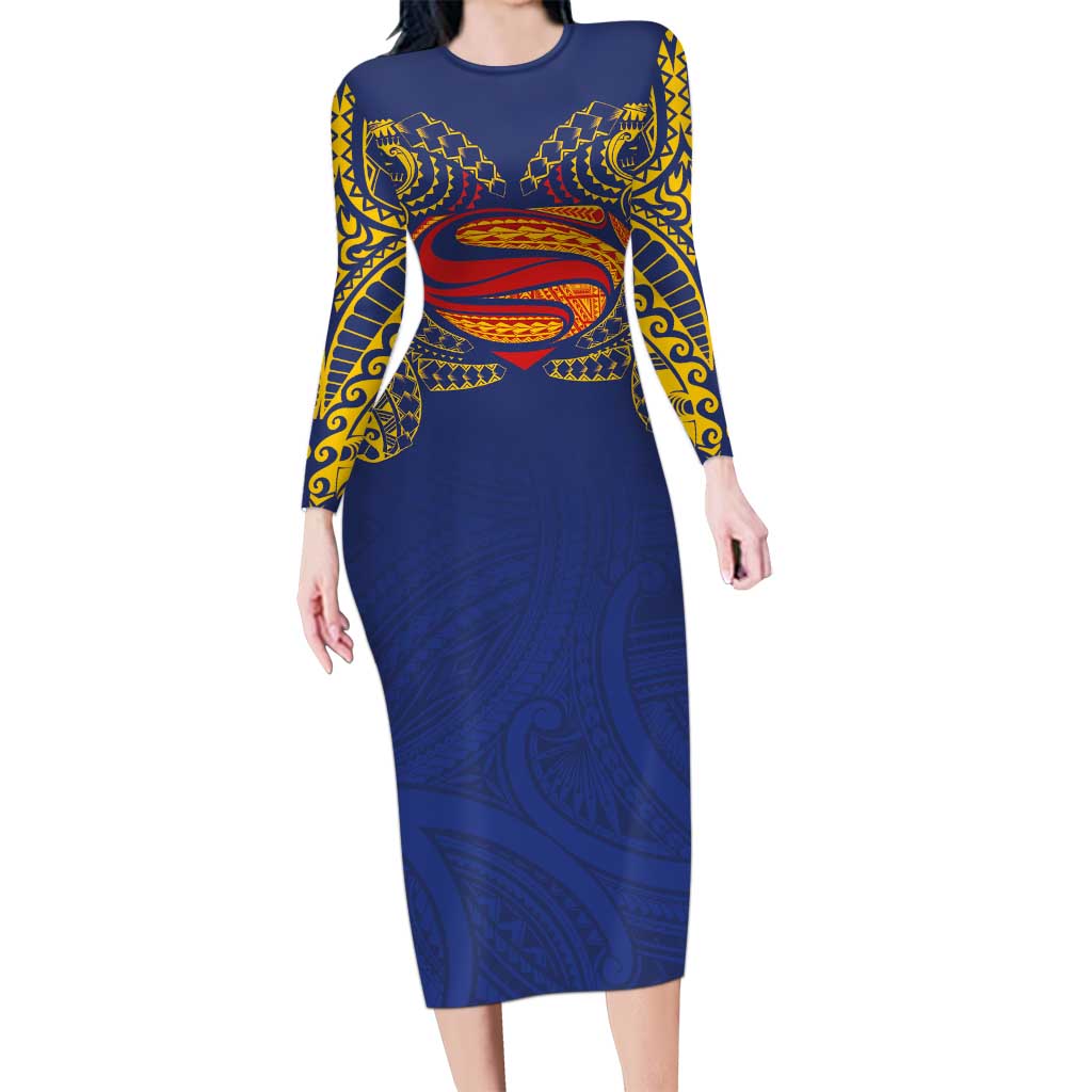 Super Samoan Traditional Tribal Art Tattoos Long Sleeve Bodycon Dress Blue Color - Polynesian Pride