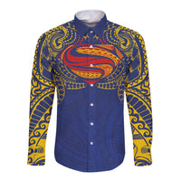 Super Samoan Traditional Tribal Art Tattoos Long Sleeve Button Shirt Blue Color - Polynesian Pride