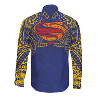 Super Samoan Traditional Tribal Art Tattoos Long Sleeve Button Shirt Blue Color - Polynesian Pride