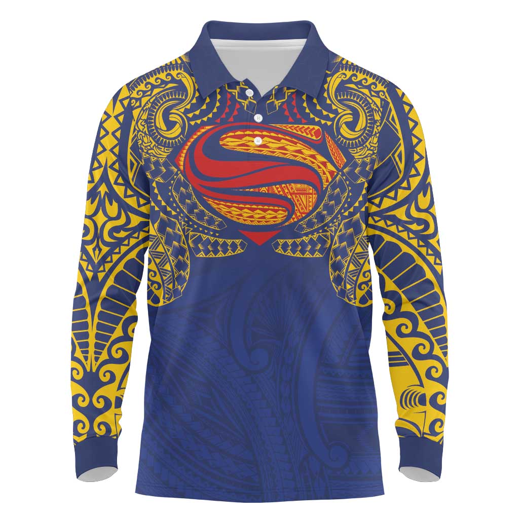 Super Samoan Traditional Tribal Art Tattoos Long Sleeve Polo Shirt Blue Color LT03 Blue - Polynesian Pride