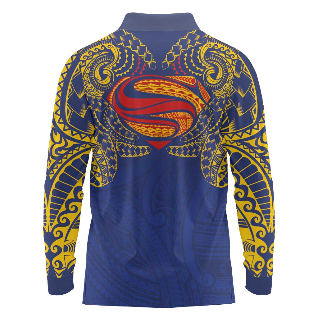 Super Samoan Traditional Tribal Art Tattoos Long Sleeve Polo Shirt Blue Color LT03 - Polynesian Pride