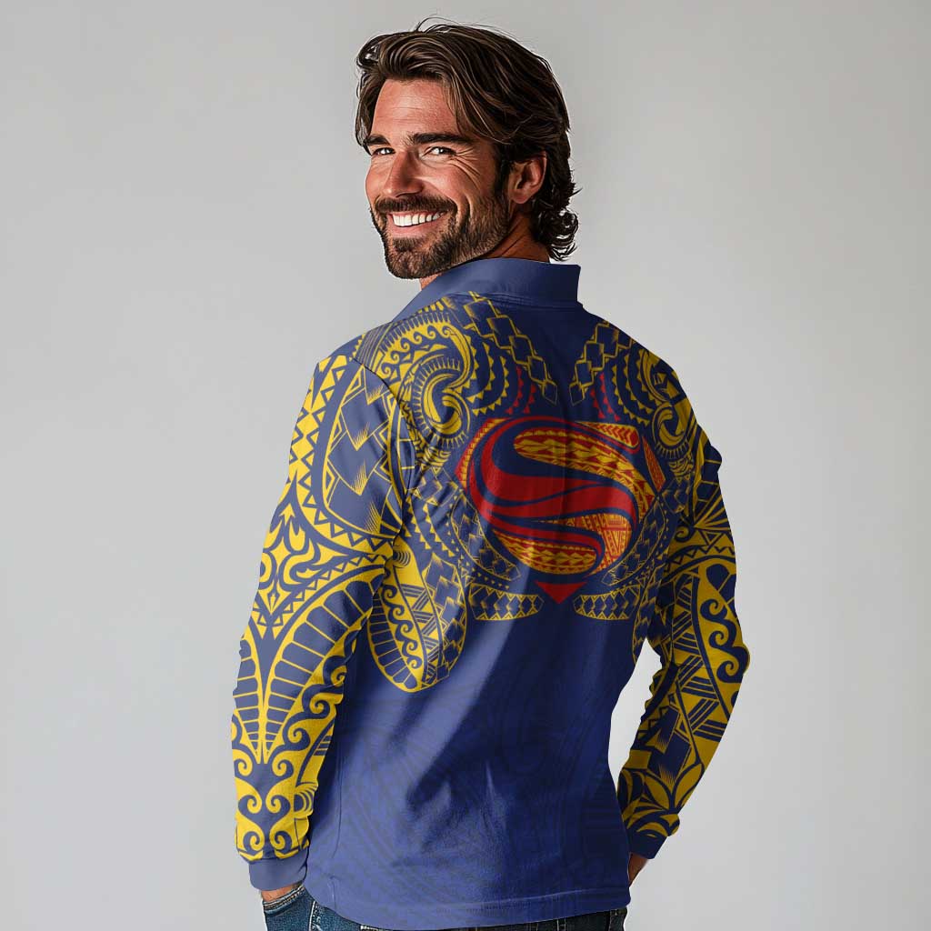 Super Samoan Traditional Tribal Art Tattoos Long Sleeve Polo Shirt Blue Color LT03 - Polynesian Pride