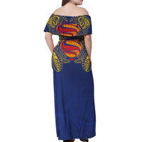 Super Samoan Traditional Tribal Art Tattoos Off Shoulder Maxi Dress Blue Color - Polynesian Pride