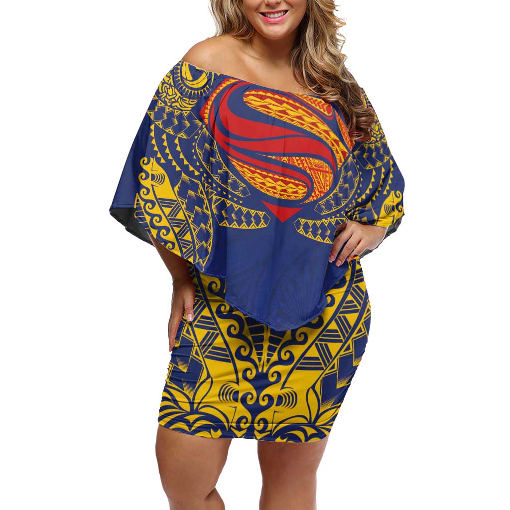 Super Samoan Traditional Tribal Art Tattoos Off Shoulder Short Dress Blue Color - Polynesian Pride