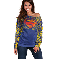 Super Samoan Traditional Tribal Art Tattoos Off Shoulder Sweater Blue Color - Polynesian Pride