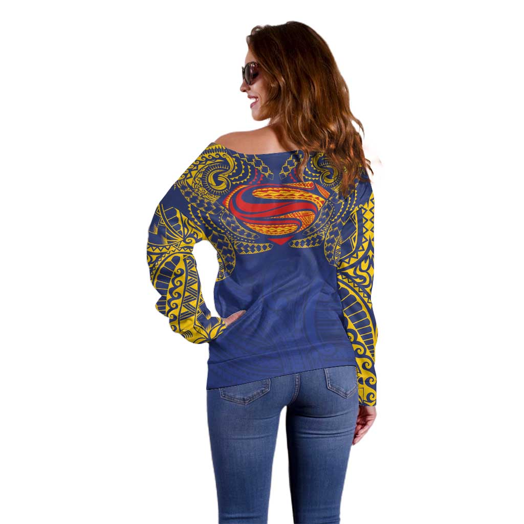 Super Samoan Traditional Tribal Art Tattoos Off Shoulder Sweater Blue Color - Polynesian Pride