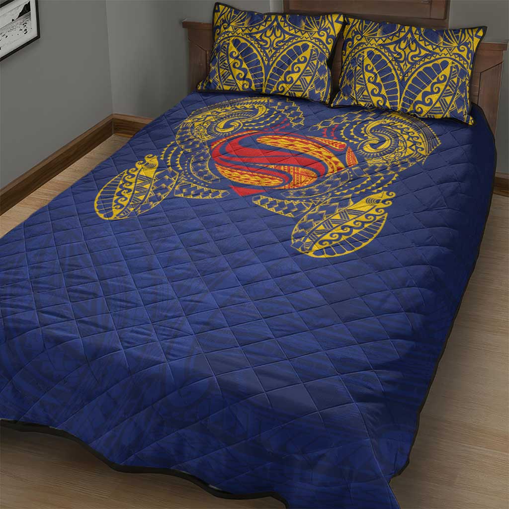 Super Samoan Traditional Tribal Art Tattoos Quilt Bed Set Blue Color - Polynesian Pride