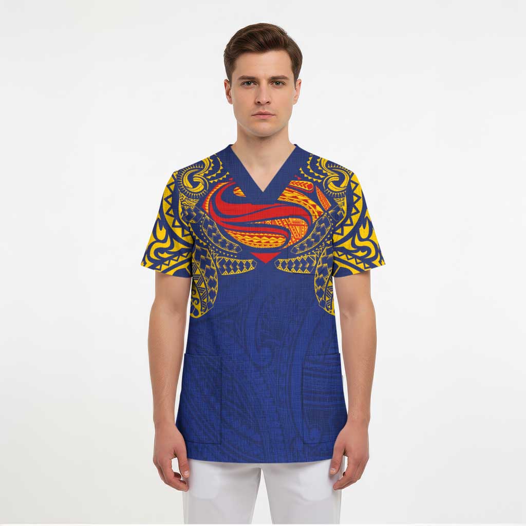 Super Samoan Traditional Tribal Art Tattoos Scrub Top Blue Color - Polynesian Pride