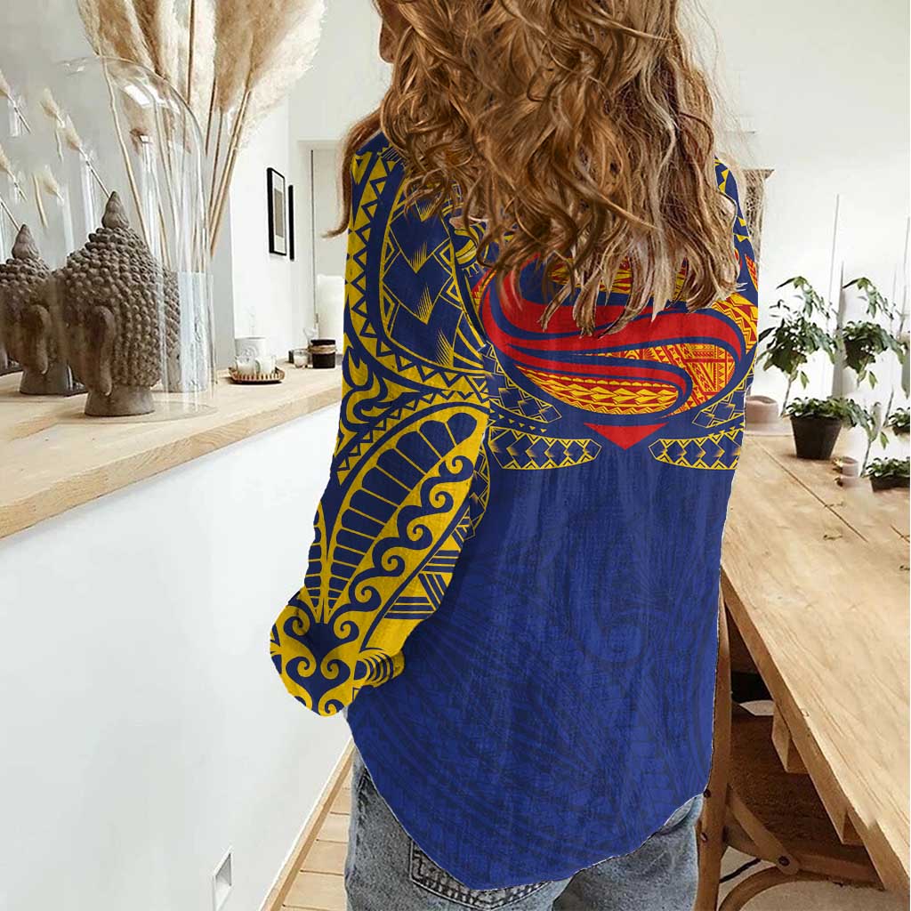 Super Samoan Traditional Tribal Art Tattoos Women Casual Shirt Blue Color - Polynesian Pride