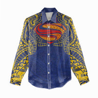 Super Samoan Traditional Tribal Art Tattoos Women Casual Shirt Blue Color - Polynesian Pride
