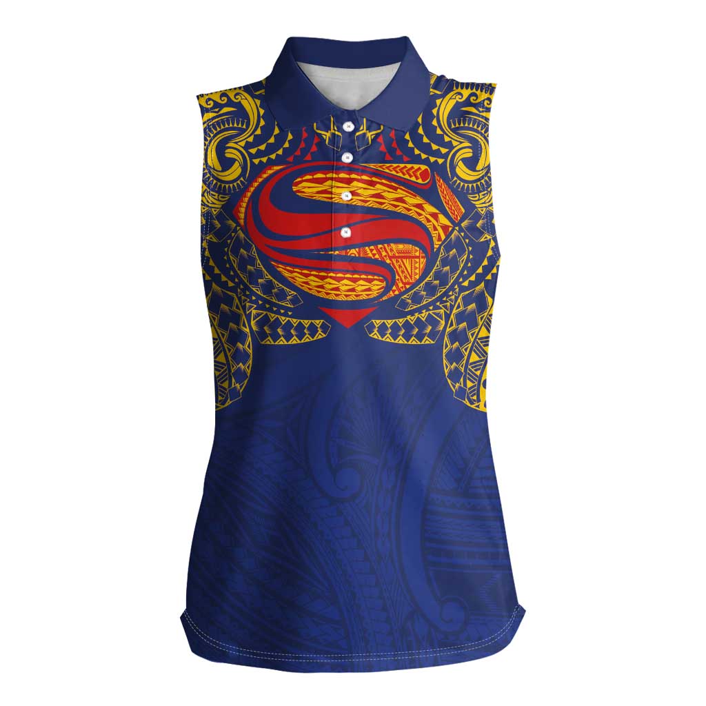 Super Samoan Traditional Tribal Art Tattoos Women Sleeveless Polo Shirt Blue Color - Polynesian Pride