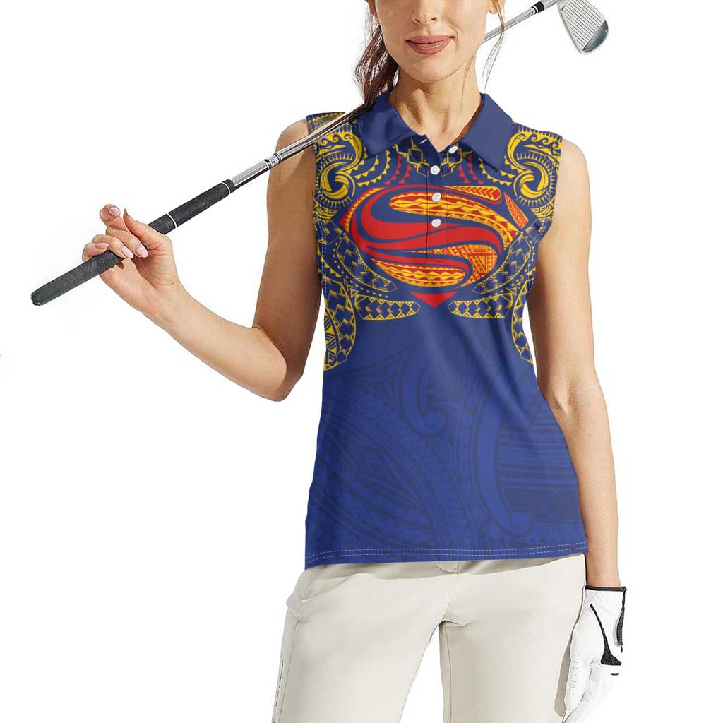 Super Samoan Traditional Tribal Art Tattoos Women Sleeveless Polo Shirt Blue Color - Polynesian Pride