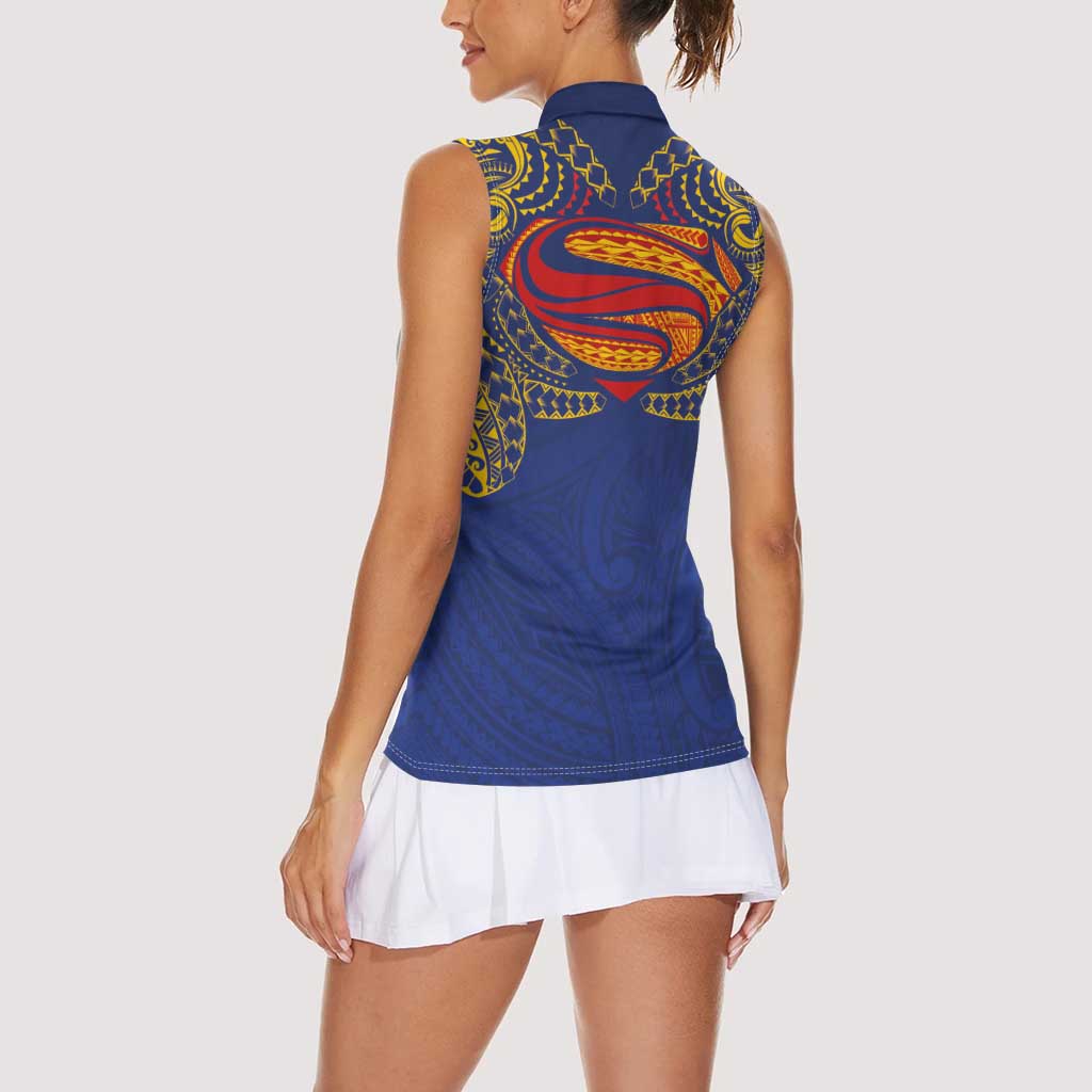 Super Samoan Traditional Tribal Art Tattoos Women Sleeveless Polo Shirt Blue Color - Polynesian Pride