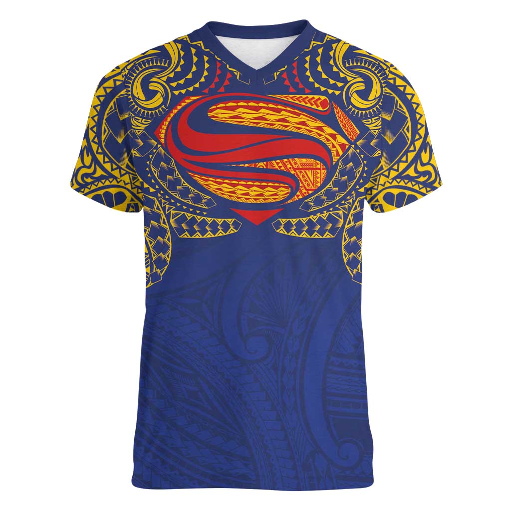 Super Samoan Traditional Tribal Art Tattoos Women V-Neck T-Shirt Blue Color - Polynesian Pride