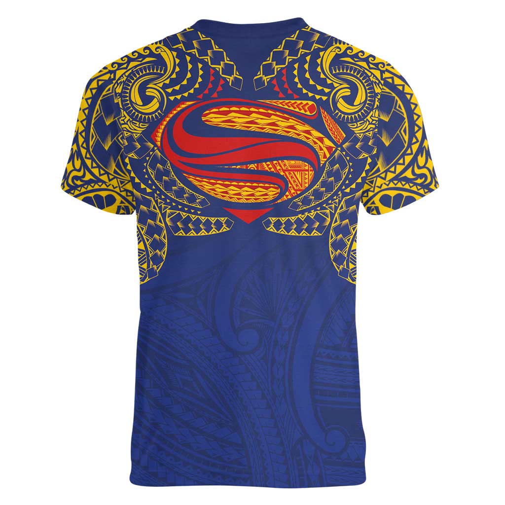 Super Samoan Traditional Tribal Art Tattoos Women V-Neck T-Shirt Blue Color - Polynesian Pride