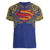 Super Samoan Traditional Tribal Art Tattoos Women V-Neck T-Shirt Blue Color - Polynesian Pride