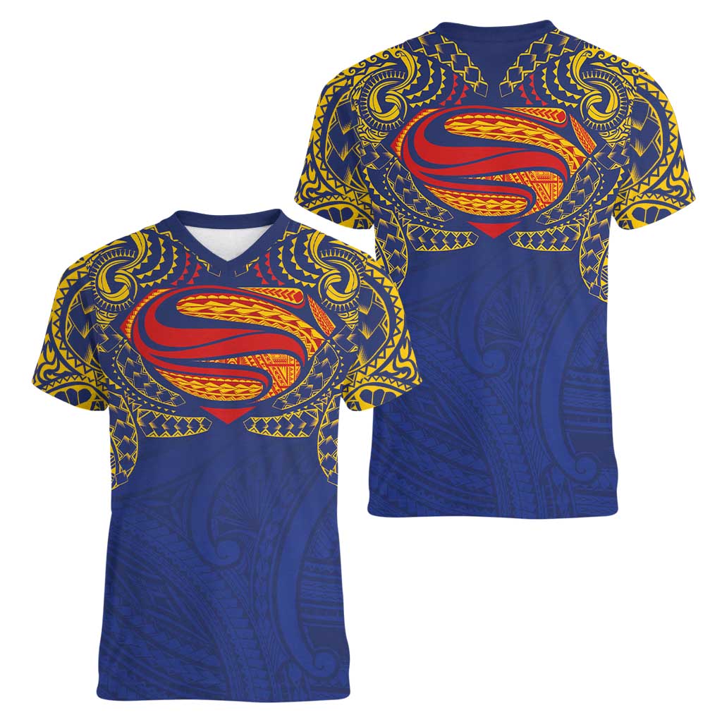 Super Samoan Traditional Tribal Art Tattoos Women V-Neck T-Shirt Blue Color - Polynesian Pride