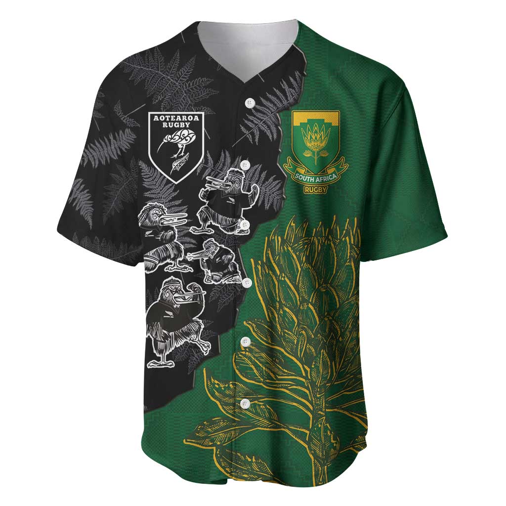Custom Aotearoa South Africa Rugby Freedom Cup Baseball Jersey Kiwi Warriors Haka with King Protea Symbol - Polynesian Pride