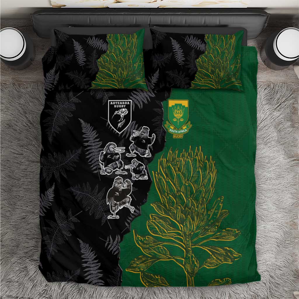 Aotearoa South Africa Rugby Freedom Cup Bedding Set Kiwi Warriors Haka with King Protea Symbol LT03 Green - Polynesian Pride