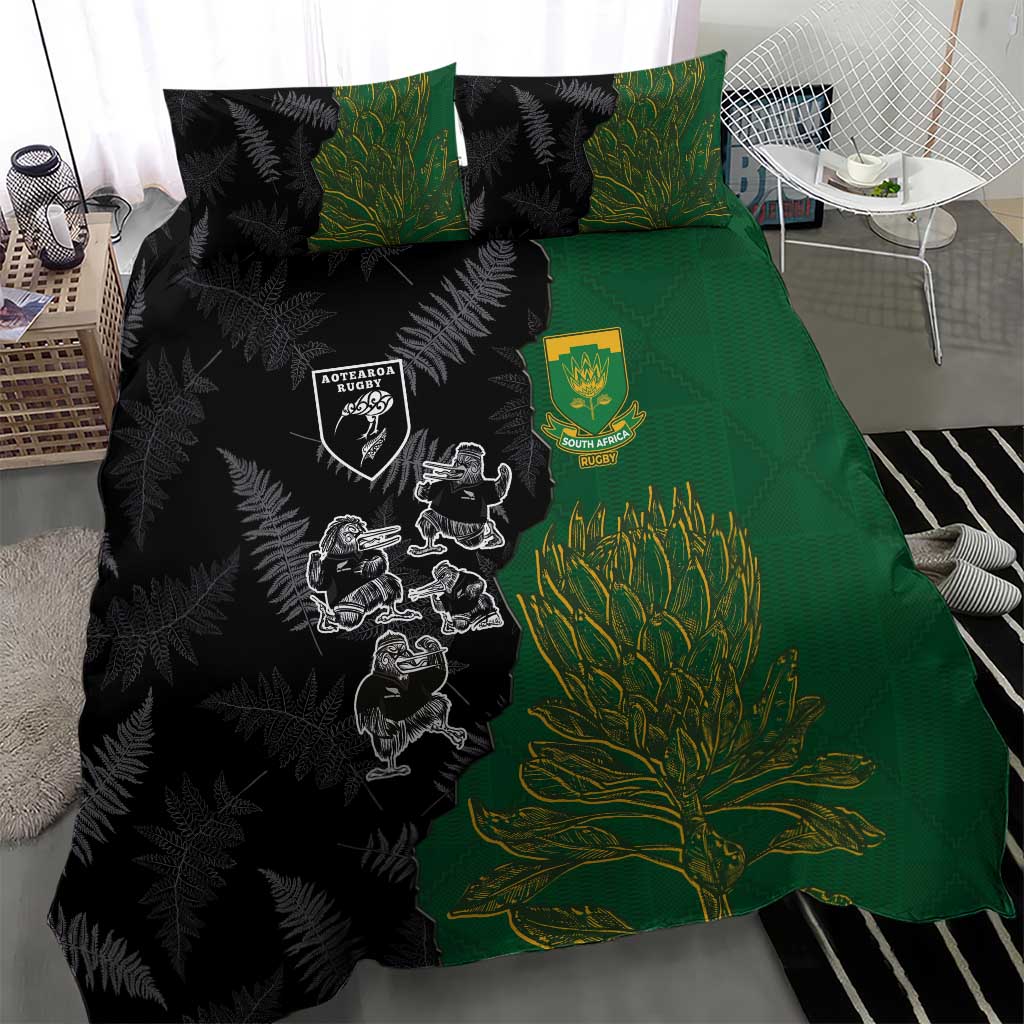 Aotearoa South Africa Rugby Freedom Cup Bedding Set Kiwi Warriors Haka with King Protea Symbol LT03 - Polynesian Pride
