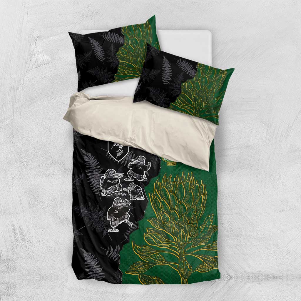 Aotearoa South Africa Rugby Freedom Cup Bedding Set Kiwi Warriors Haka with King Protea Symbol LT03 US Twin 172cm x 218cm Green - Polynesian Pride