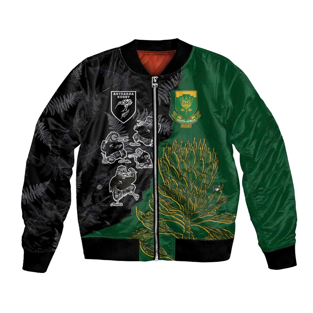 Custom Aotearoa South Africa Rugby Freedom Cup Bomber Jacket Kiwi Warriors Haka with King Protea Symbol - Polynesian Pride